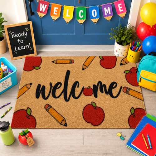 Classroom Welcome Door Mat-Back to School Doormat Apple Design | Front Rubber Non Slip Backing Coir Mats for Home Classroom Indoor Outdoor Entrance Entryway Floor Porch Decor, 30 x 17 IN - color: Brown and Pencil