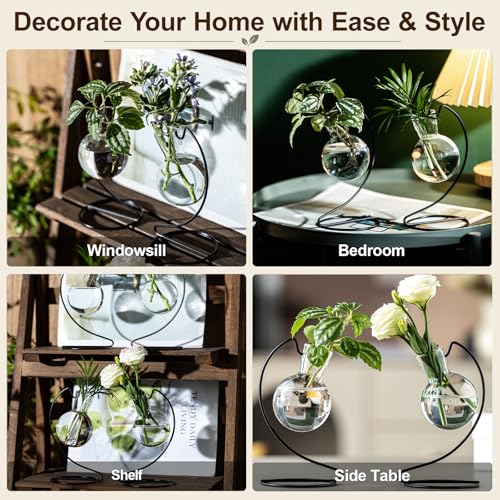 Desktop Glass Plant Propagation Station with Metal Stand,Tabletop Plant Terrarium,Hydroponics Vase for Propagating Hydroponic Office Garden Home Decor, for Weddings, Centerpieces (4)