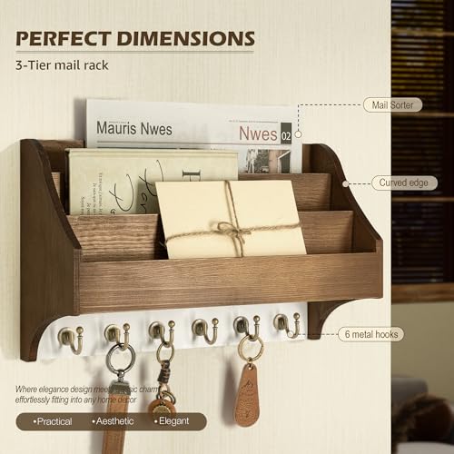 Rebee Vision Mail Organizer Wall Mounted with 3 Mail Slots, Brown&White | Pine Wood, Key Holder Wall Mount, 3-Tier Mail Holder, 6 key hooks, Wall Organizer, Hanging Letters, Entryway Storage - color: Brown&White