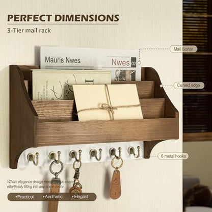Rebee Vision Mail Organizer Wall Mounted with 3 Mail Slots, Brown&White | Pine Wood, Key Holder Wall Mount, 3-Tier Mail Holder, 6 key hooks, Wall Organizer, Hanging Letters, Entryway Storage - color: Brown&White
