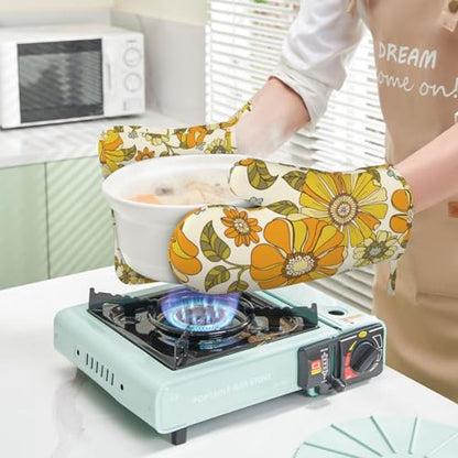 Retro 70s Style Flower Oven Mitts and Pot Holders Sets Silicone Kitchen Mitts Potholders Heat Resistant 4Pcs Oven Gloves Hot Pads for Kitchen Baking Cooking BBQ Grilling - color: Plant Flower