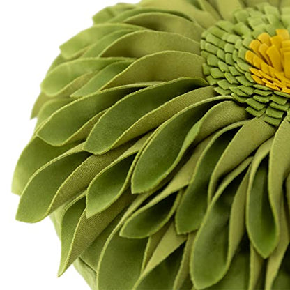 JWH 3D Flower Throw Pillow Cover, Velvet, Green Yellow, 12 Inch | Round Floral Cushion, Sunflower Accent, Handmade, Decorative Pops for Bed Couch Sofa Chair Car Living Room
