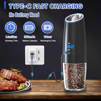 RECHARGEABLE - Gravity Electric Pepper and Salt Grinder Set, Adjustable Coarseness, With LED Light, One Hand Automatic Operation, 2 Pack-Black