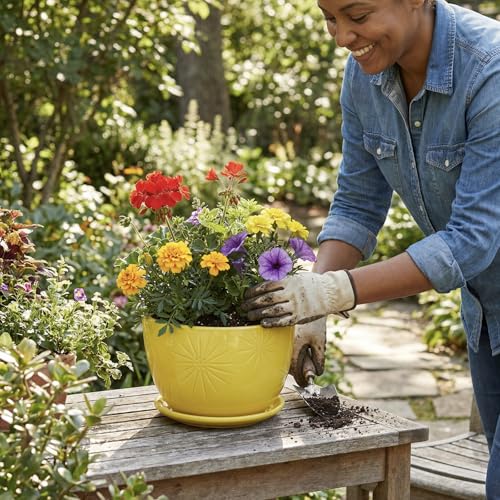 MyGift 7 Inch Yellow Ceramic Planter Pot with Sunburst Design & Saucer | Bright tabletop planter features a textured geometric finish & built-in water tray, perfect for herbs, flowers, and greenery - color: Yellow
