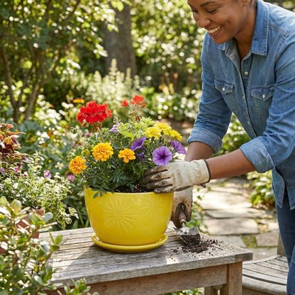 MyGift 7 Inch Yellow Ceramic Planter Pot with Sunburst Design & Saucer | Bright tabletop planter features a textured geometric finish & built-in water tray, perfect for herbs, flowers, and greenery - color: Yellow