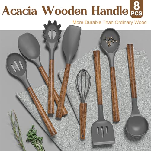 Umite Chef Silicone Cooking Utensil Set, 8-Piece Kitchen Utensils Set with Natural Acacia Wooden Handles,Food-Grade-Silicone Kitchen Gadgets and Spatula Set for Nonstick Cookware - Grey - color: Gray