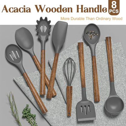 Umite Chef Silicone Cooking Utensil Set, 8-Piece Kitchen Utensils Set with Natural Acacia Wooden Handles,Food-Grade-Silicone Kitchen Gadgets and Spatula Set for Nonstick Cookware - Grey - color: Gray