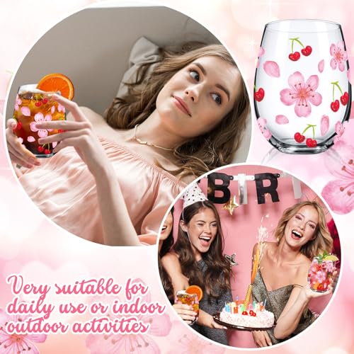 Sliner 2 Pack 17oz Cherry Blossom Stemless Wine Glasses Cherry and Flower Drinking Glasses Floral Tumbler Cups for Women Wedding Birthday Gift Parties Supplies - style: Cherry and Flower