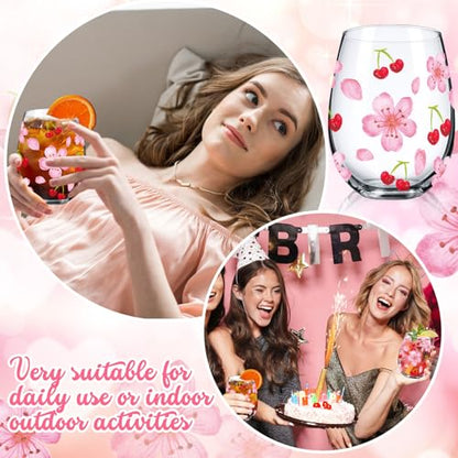 Sliner 2 Pack 17oz Cherry Blossom Stemless Wine Glasses Cherry and Flower Drinking Glasses Floral Tumbler Cups for Women Wedding Birthday Gift Parties Supplies - style: Cherry and Flower