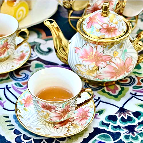 20 Pieces Porcelain Tea Set With Metal Holder, European Ceramic tea set for adults,Flower Tea Set,Tea Set For Women With Flower Painting (Large version, White) - color: White