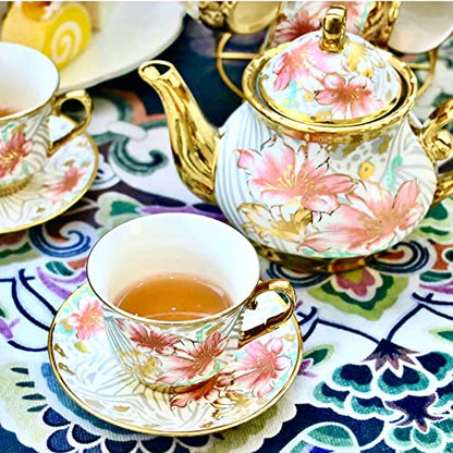 20 Pieces Porcelain Tea Set With Metal Holder, European Ceramic tea set for adults,Flower Tea Set,Tea Set For Women With Flower Painting (Large version, White) - color: White