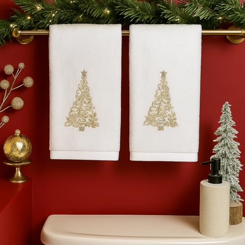 Decorative Christmas Theme Towel Set: Luxury Bathroom Plush Velour Cotton Hand Towels of Gold Embroidered Tree, Set of 2 - color: Gold Tree