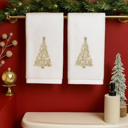 Decorative Christmas Theme Towel Set: Luxury Bathroom Plush Velour Cotton Hand Towels of Gold Embroidered Tree, Set of 2 - color: Gold Tree