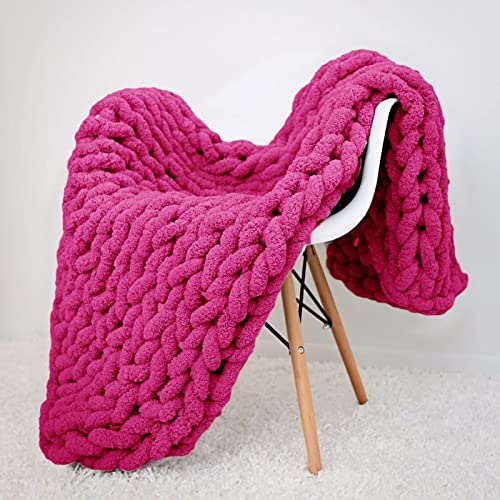 Large Chenille Throw Blanket Chunky Hand Knit Bed Throw 59x79 Fuchsia Warm Blanket for Adults Kids Boho Home Decorations - color: Fuchsia, size: 59x79"