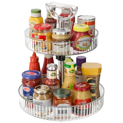 Lazy Susan Organizer – 2 Tier Rotating Spice Rack Turntable, 11.4" Plastic Spinning Organizer for Kitchen Cabinet Pantry Countertop Cupboard Bathroom Storage, Clear - size: Clear