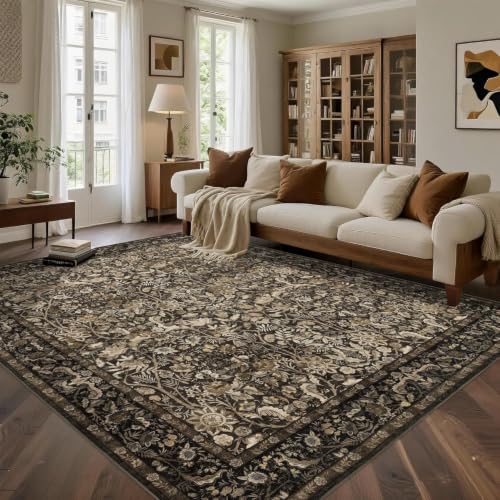 Vintage Floral Area Rug 7x8: Soft Washable Brown Carpet Living Room | Oriental Style Perfect for Sofa Area Bedroom Study Non-slip Stain Resistant Easy to Clean Low-Pile 0.2in Fits under Furniture - color: Brown and Gold, size: 7' x 8' (Rectangular)
