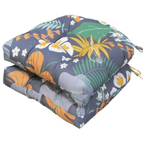 Gnostik 2 Pack Outdoor Wicker Chair Cushions Waterproof Rocking Chair Cushion Floral U Shaped Patio Replacement Cushions with Ties for Porch, Garden,18.6" x 18.6" - color: Flower