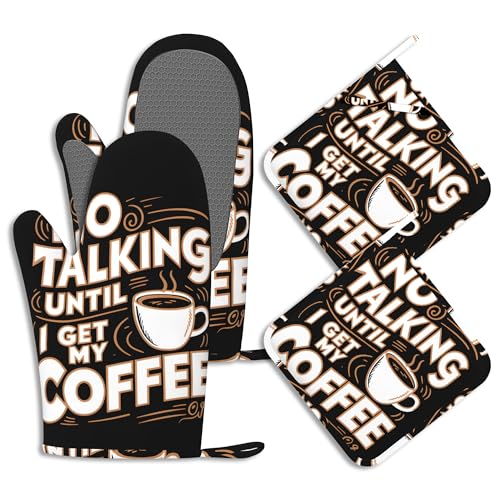 Oven Mitts and Pot Holders Sets Coffee Silicone Kitchen Mits Potholders No Talking Until I Get My Coffee Heat Resistant 4Pcs Oven Gloves Hot Pads for Baking Cooking BBQ Grilling Home Decor - color: Coffee,no Talking Until I Get My Coffee