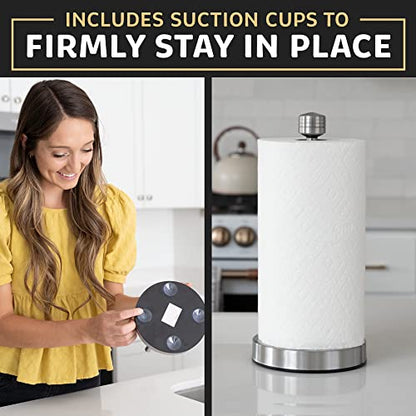 Heavy-Duty Stainless Steel Paper Towel Holder - Easy One-Handed Tear with Suction Cups - Modern Weighted Standing Countertop Dispenser for Kitchen - Holds All Paper Towel Rolls, Silver - color: Silver