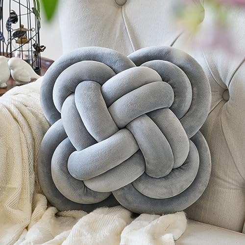 Knot Pillow Ball, 12" Decorative Throw Pillows for Couch Bed, Light Grey | Decor Knotted Square Floor Pillow Cushions with Velvet Fabric for Bedroom Living Room - color: Light Grey