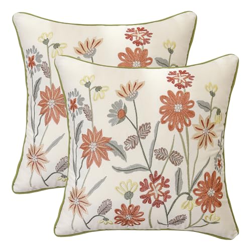 Embroidered Throw Pillow Covers 18x18 Pack of 2 Orange Floral | Durable Fabric,Square Pillow Cover,Boho Decorative,Hidden Zipper,Aesthetic Design,Ideal Gift,Machine Washable - color: Orange Flowers