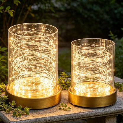 Set of 2 Glass Hurricane Candle Holders for Pillars with Minimalism Metal Base in Antique Brass, Glass Candle Holder, Centerpiece, for Weddings, Dinner Parties, Dining Tables, Console Tables, Mantels - color: Antique Brass