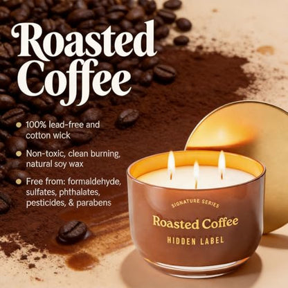 Hidden Label Roasted Coffee Candle, 18oz 3-Wick Soy Wax, 75H Aromatherapy | Long Lasting Burn | Strong Hot & Cold Throw | Non Toxic Plant Based | Kitchen & Office Decor | Gift Ready - color: Roasted Coffee