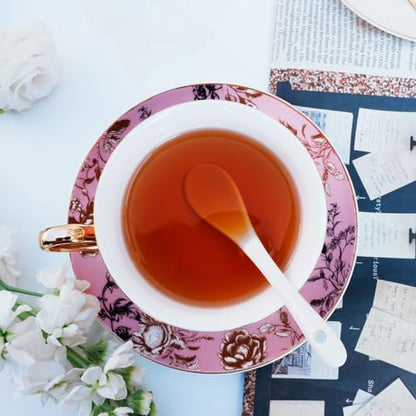 Bone China Tea Cup and Saucer Set with Spoon，Elegant Floral Tea Cup Set (7 oz)，British Coffee Latte Mug for Birthday Party Christmas gift for Friends - color: Rose Red