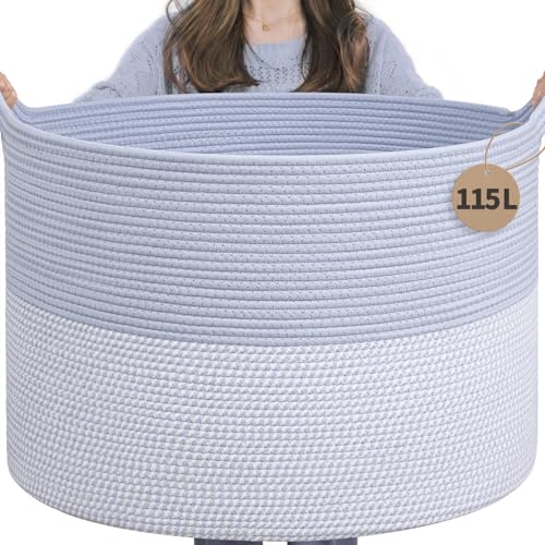 INDRESSME 115L Extra Large Woven Rope Blanket Basket Living Room Blue | 23.6" x 15.7" Storage baskets for toys laundry & pillows. Fits living room, bedroom or nursery décor. Soft-touch with handles - color: Blue & White, size: 23.6"D x 15.7"H