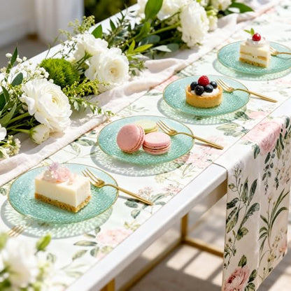 Rubtlamp 200Pcs Green Plastic Dessert Plates,6inch Small Appetizer Plates with Gold Rim, Fancy Hammered Cake Plate with 100PCS Gold Disposable Forks, Hard Salad Plate for Teatime Party - color: Green with gold