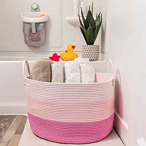 OrganiHaus Round Toy Basket & Blanket Basket, Cotton Rope 20x13" | 3-Toned Pink - Round Cotton Rope Basket, 20x13" - color: 3-toned Pink, size: Wide