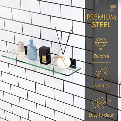 KOKOSIRI Bathroom Shelves Wall Mounted Tempered Glass Floating Shelf 20-Inch Kitchen Hanging Rack Shower Storage, Matte Black Stainless Steel B1107BK-L20 - color: Matte Black, size: 20-Inch