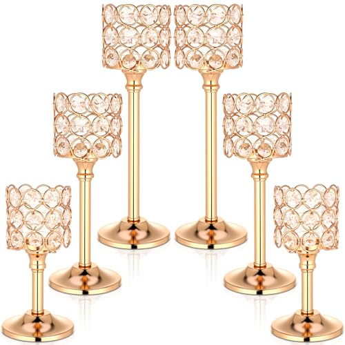 Mumufy 6 Pieces Crystal Candle Holders Set 3 Sizes Tall Crystal Wedding Candlestick Holders Pillar Candelabra Stand for Table Centerpieces for Christmas Party Wedding Dining Decoration (Gold) - color: Gold