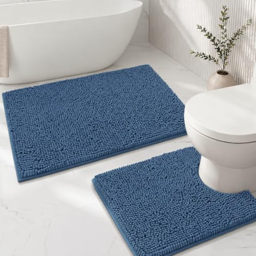Bathroom Rugs Sets 2 Piece,Super Absorbent Soft,Thick,Machine Washable Chenille Bath Mat,Non Slip Toilet Floor Rug,Bath Mats for Bathroom,20x32 Plus 20x20 U Shape,Denim Blue - color: Denim Blue, size: 1'8" x 2'8" (20x32''+20x20''U shape)