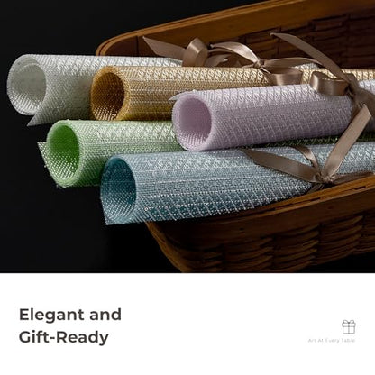Leetaltree Woven Vinyl Placemats Set of 24, Crisp Green Sequin | Waterproof & Washable Dining Table Mats for Wedding, Anniversary, Daily Use, Hand-Cut, Easy to Clean - color: 00- Crisp Green Sequin, size: Set of 24