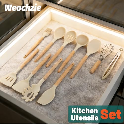 Silicone Cooking Utensil Set,12 PCS Cooking Kitchen Utensils Set, Nonstick Kitchen Utensils 446°F Heat-Resistant Cookware Kitchen Tools of Spoon,Brush,Whisk,Spatula,Turner Tongs (Khaki) - color: Khaki