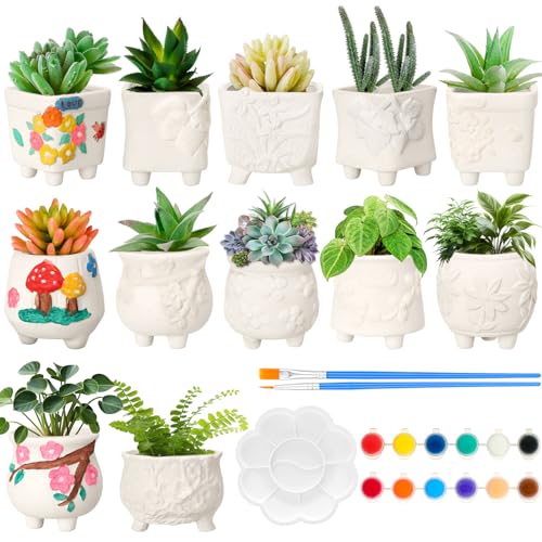 Hushee 12 Sets Ceramic Succulent Planters Paintable Succulent Plant Pots Small DIY Figurines Unpainted Pots with Drainage Hole Color Paints Paintbrushes Palettes - color: Flower