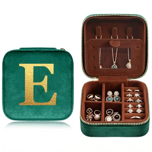 Personalized Jewelry Box Travel Jewelry Case For Women Vintage Green Plush Velvet Gifts For Family Member Friends For Carrying During Short Trips Business Trips Travel Essentials Letter E - color: E
