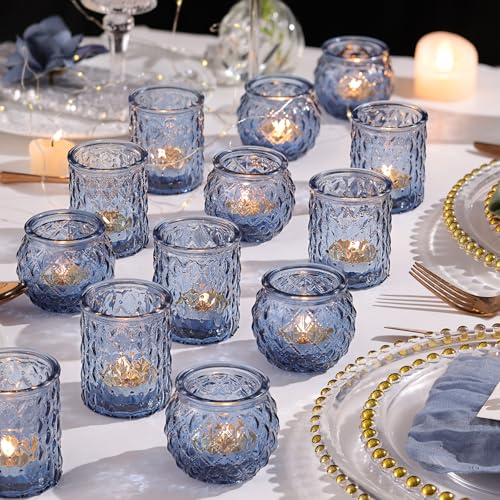 NITIME 12Pcs Assorted Blue Votive Candle Holders, Tea Lights Candle Holder for Wedding Decor, Blue Candle Holders for Table Centerpiece, Bridal Shower, Baby Shower Decorations - color: Blue