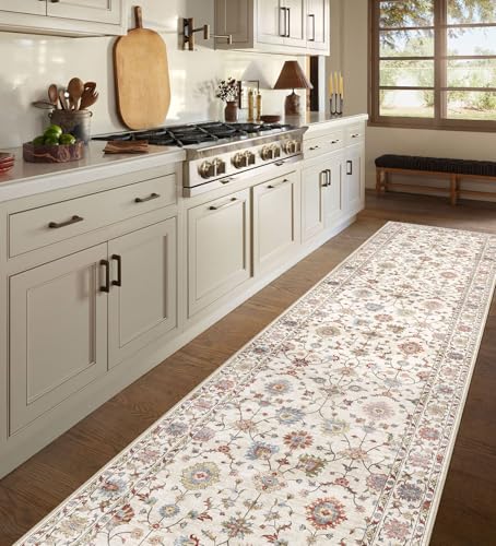 LUXRUG Kitchen Runner Rugs Non Skid Washable - 2.5x8ft Long Cream Colorful | Boho Farmhouse Hallway Runner Rug Low Pile Vintage Floral Carpet for Hallway Kitchen Laundry Room Entryway Bedroom Foyer - color: Cream Multi, size: 2'6" x 8' (Rectangular)