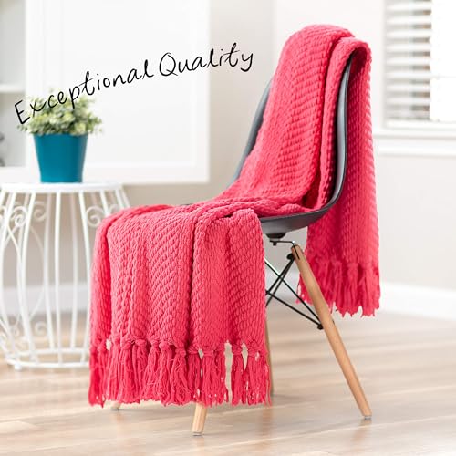 Chanasya Premium Textured Knit Throw Blanket with Tassels - Soft, Cozy Blanket for Couch, Bed, Living Room - 50" x 65” - Azalea - color: Azalea