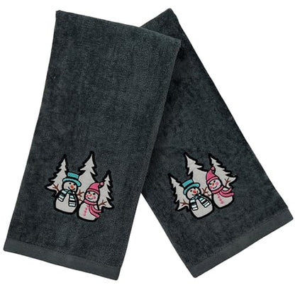 Luxury Holiday Christmas Hand Towels, Embroidered Snowmen, Forest Trees, Velour Terry Cotton, Grey, Set of 2 - color: Charcoal Grey