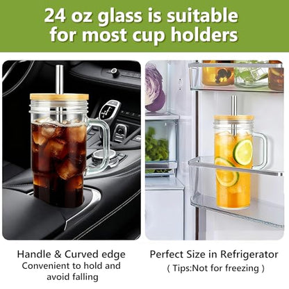 Birity 24oz Glass Cups with Lids and Straws,Glass Tumbler with Handle,2 set–Reusable Glass Ice Coffee Cups with Lid and Straw for Smoothies,Tea,Juice,Boba Cup for Cold & Hot Drinks,Travel Cup - color: 24 oz 2-pack classic