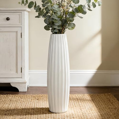 White Tall Ceramic Floor Vase, 24 Inch, Ribbed Drum Design | Glossy Glazed Finish, Living Room, Fireplace, Entryway, Pampas Grass - color: Vertical Stripes, size: Height-24 Inch