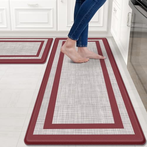 Mattitude Kitchen Mats Set of 2,Cushioned Anti-Fatigue Non-Skid Rug Sets | Ergonomic Comfort PVC Kitchen Mats for Floor,Standing Mat for Kitchen,Floor,Office,Sink,Laundry, Red Frame - color: Red Frame, size: 17.3" x 47 "+ 17.3" x 29 "--0.40 inches