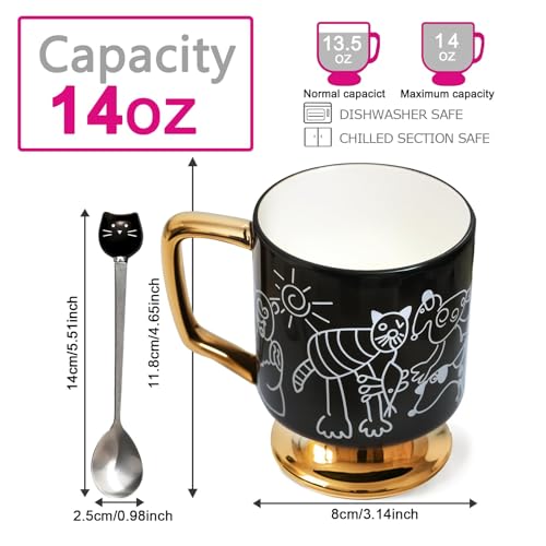 Christmas Mugs Whimsical Animal Ceramic fun Coffee Mug – 14oz Childlike Hand-Drawn Cat, Dog & Bear Design – Cute gothic Coffee Cup Gift for Women, Girls, Kids (Black) - color: Black