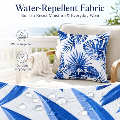 Outdoor Throw Pillows 18×18 Inch Waterproof Pillows with Inserts | Set of 2 Fade Resistant Patio Pillows for Porch Garden Couch and Patio Furniture - color: Blue-palm
