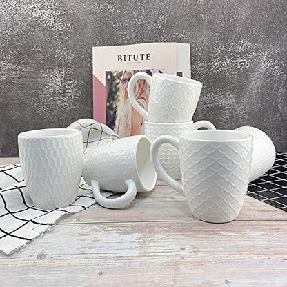 Schliersee 12 OZ White Ceramic Coffee Mugs Set of 6, Stylish Embossed Coffee Cups Set for Coffee, Tea, Milk, Cocoa, Cereal - color: White Coffee Mugs, size: 12 OZ