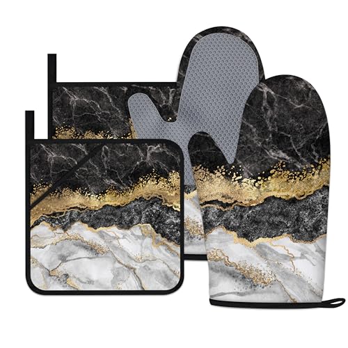 Black Gold Oven Mitts and Pot Holders Sets Marble Kitchen Accessories of 4 Heat Resistant Oven Gloves Hot Pads with Non-Slip Silicone Surface for Chef Cooking Baking - color: Black & Gold