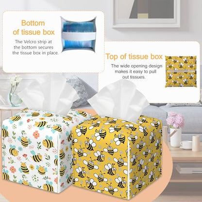 Bee 2 Pcs Tissue Box Cover Square, Cute Cartoon Bees Tissue Box Holder Waterproof Leather Facial Paper Organizer Dispenser for Bathroom Home Car Nightstand - color: Cartoon Bees
